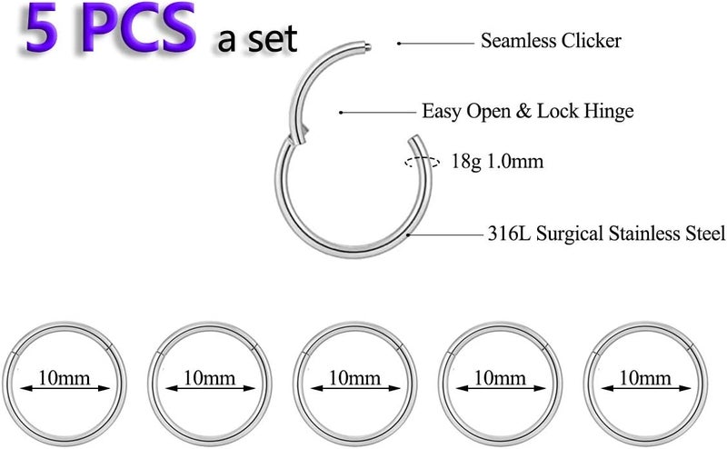 HQLA 5Pcs 16G 18G Surgical Steel Nose Rings Hoop Tragus Septum Cartilage Hoop Earrings For Women Men Body Piercing Jewelry Kit Bar Length 6mm/8mm/10mm/12mm/14mm - Image 2